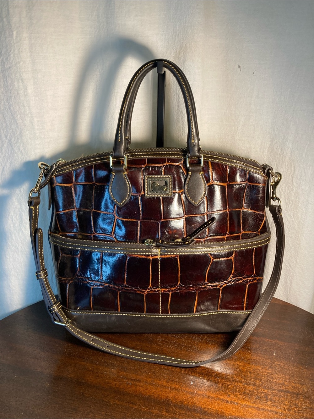 Dooney & Bourke Dilan Croc-Embossed Leather Satchel with Dark Brown Trim